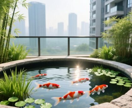 现代阳台圆形锦鲤鱼池风水布局实景图