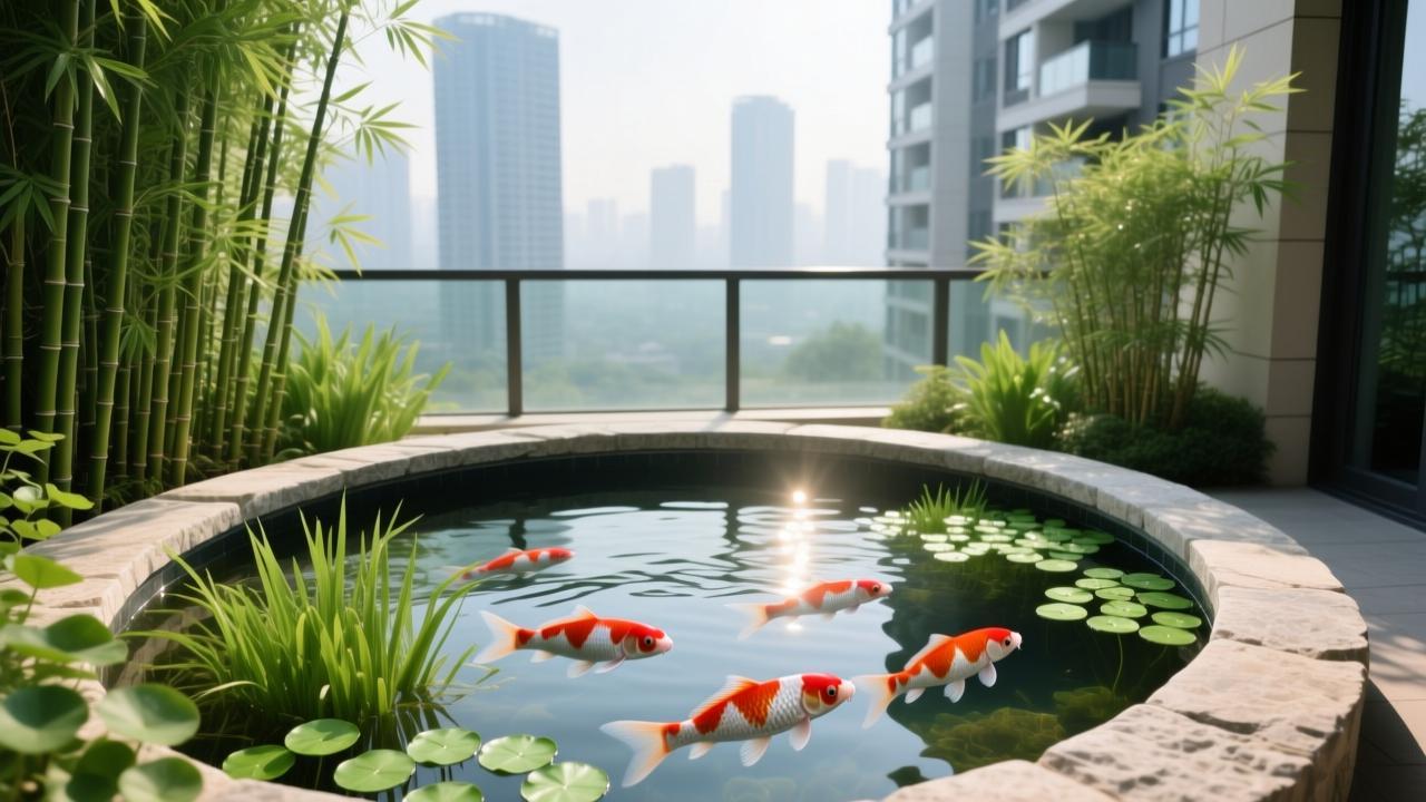 现代阳台圆形锦鲤鱼池风水布局实景图