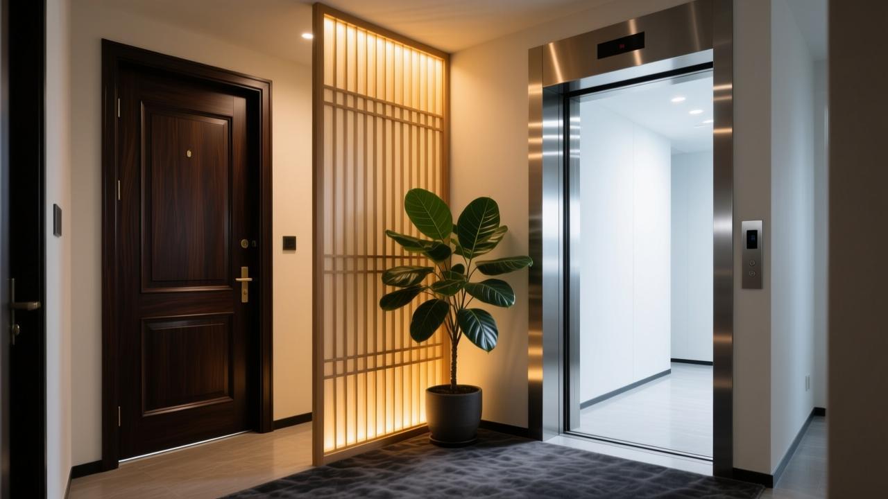 入户门正对电梯口的科学化解方案：通过玄关屏风与绿植构建心理缓冲区。