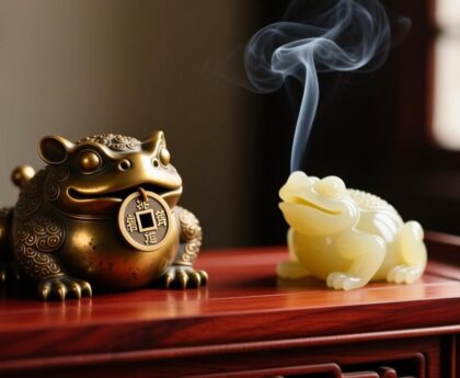 精美招财金蟾摆件实景图，解析含钱与张口金蟾的正确摆放位置。
