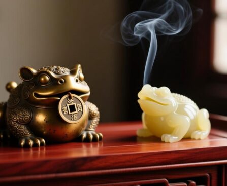 精美招财金蟾摆件实景图，解析含钱与张口金蟾的正确摆放位置。