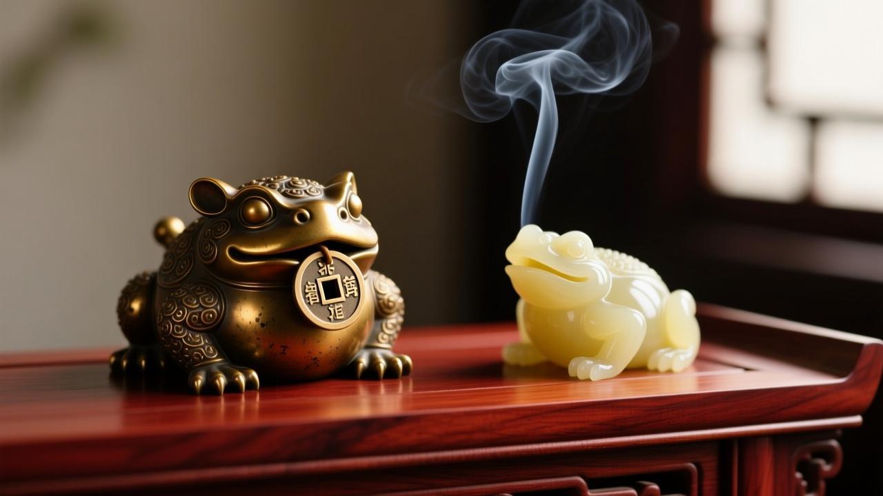 精美招财金蟾摆件实景图，解析含钱与张口金蟾的正确摆放位置。