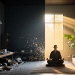 居家环境空间能量流动对比图，展示杂乱与整洁对个人运势的影响