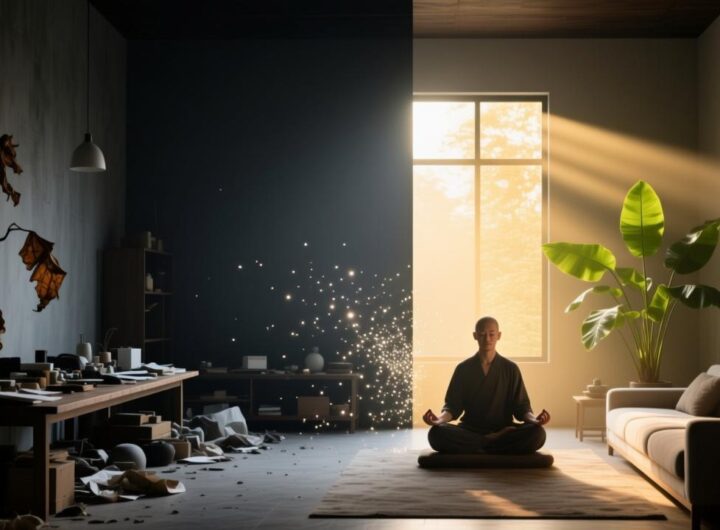 居家环境空间能量流动对比图，展示杂乱与整洁对个人运势的影响