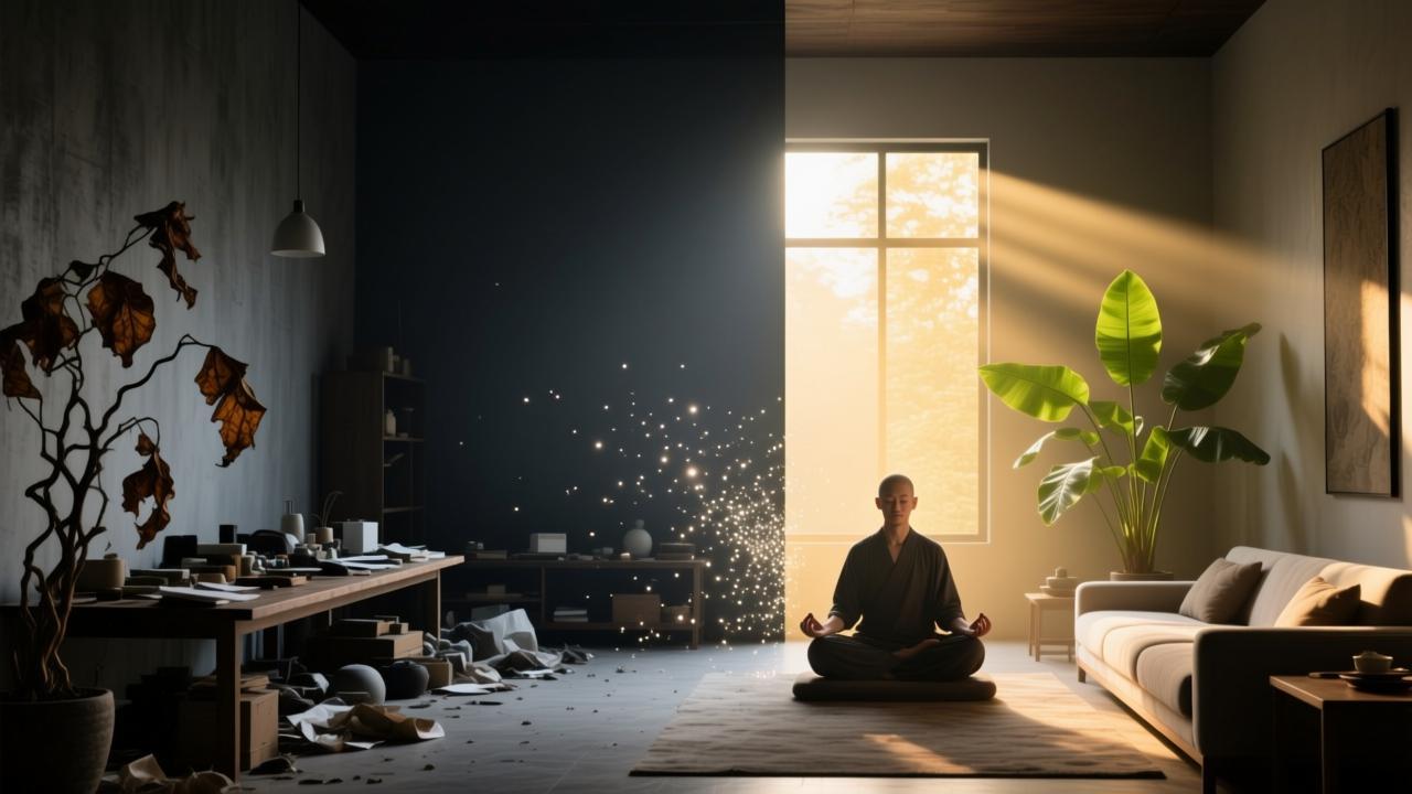居家环境空间能量流动对比图，展示杂乱与整洁对个人运势的影响