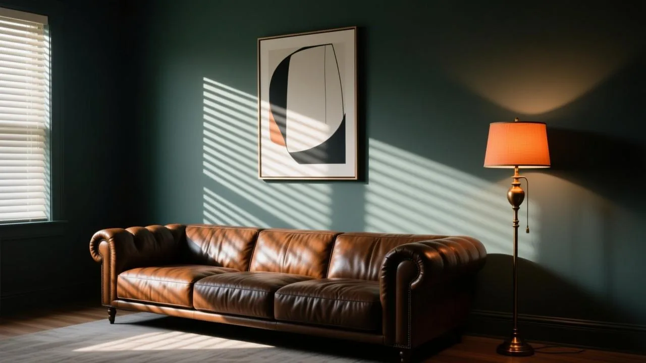 深翠绿背景墙配合真皮沙发与午后阳光的客厅细节图