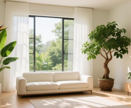 客厅大型绿植布局：发财树与天堂鸟的现代家居摆放实景