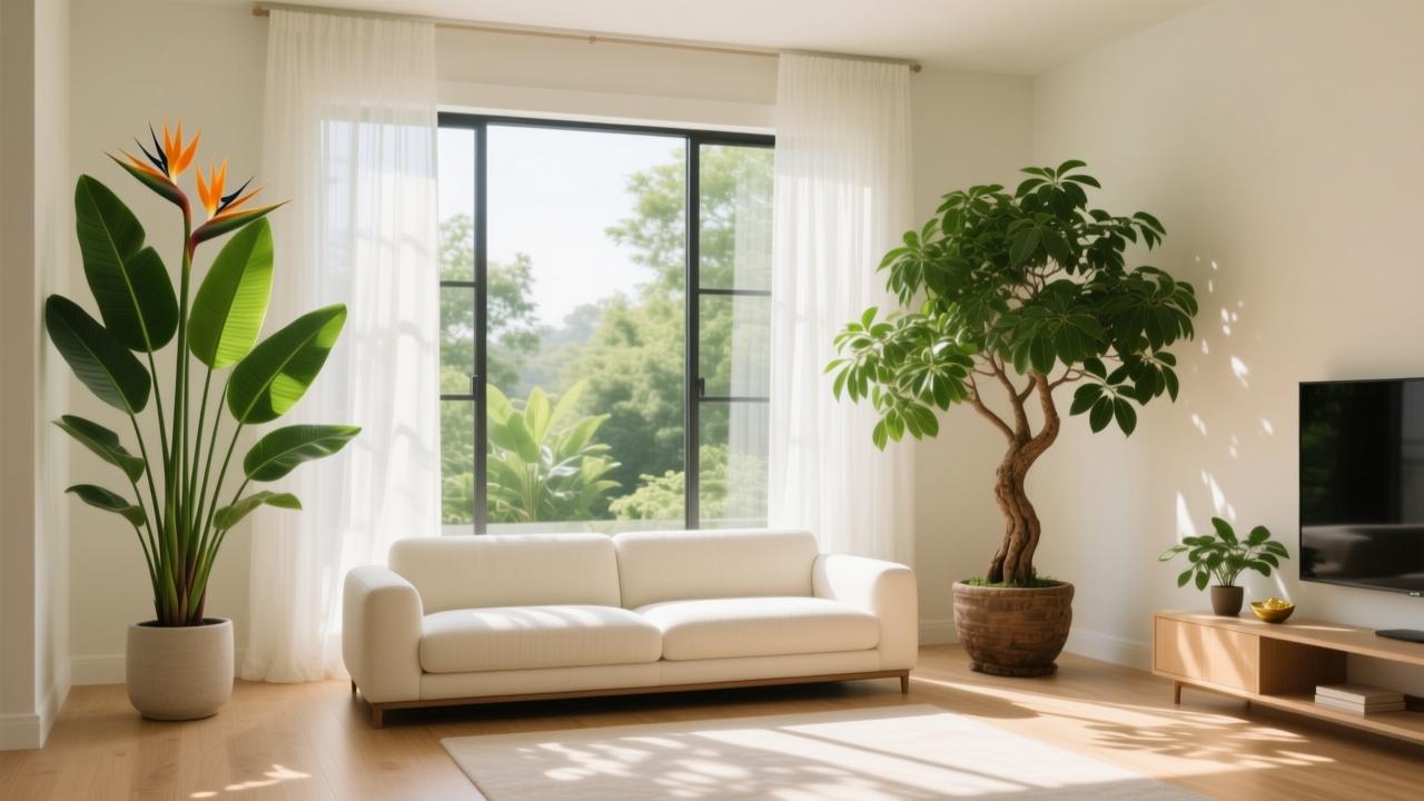 客厅大型绿植布局：发财树与天堂鸟的现代家居摆放实景