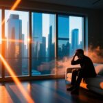 现代公寓落地窗光煞示意图：强烈的反射光刺入室内造成的能量干扰与视觉不适
