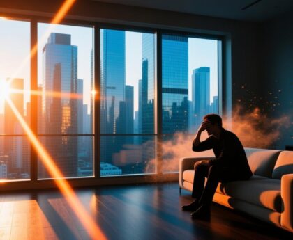 现代公寓落地窗光煞示意图：强烈的反射光刺入室内造成的能量干扰与视觉不适