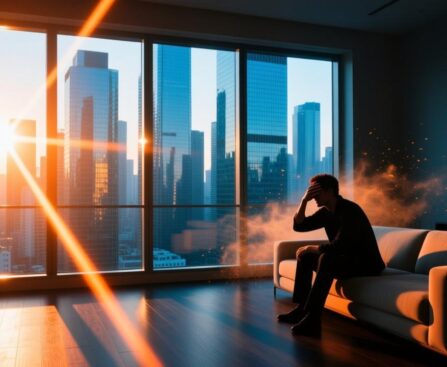现代公寓落地窗光煞示意图：强烈的反射光刺入室内造成的能量干扰与视觉不适
