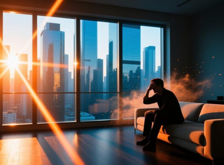 现代公寓落地窗光煞示意图：强烈的反射光刺入室内造成的能量干扰与视觉不适