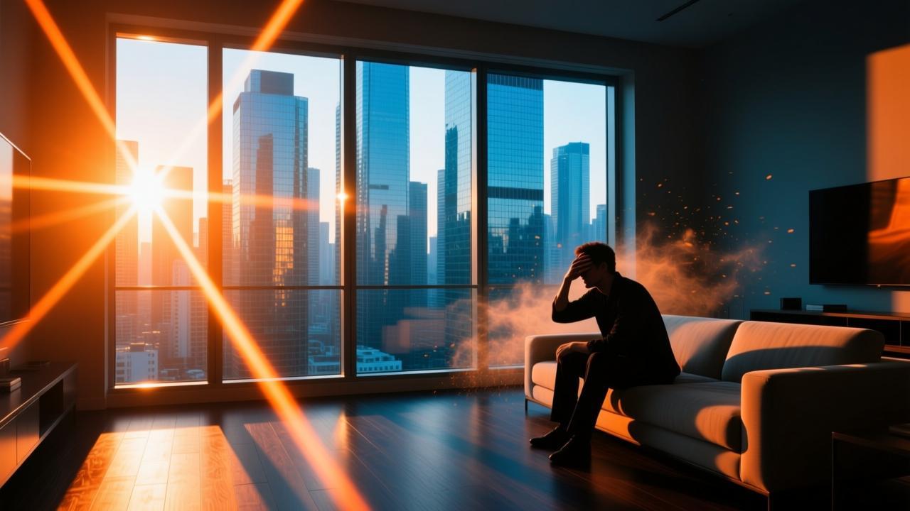 现代公寓落地窗光煞示意图：强烈的反射光刺入室内造成的能量干扰与视觉不适