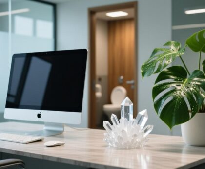 职场工位正对厕所化解布局：利用水晶与阔叶植物构建能量屏障实景图