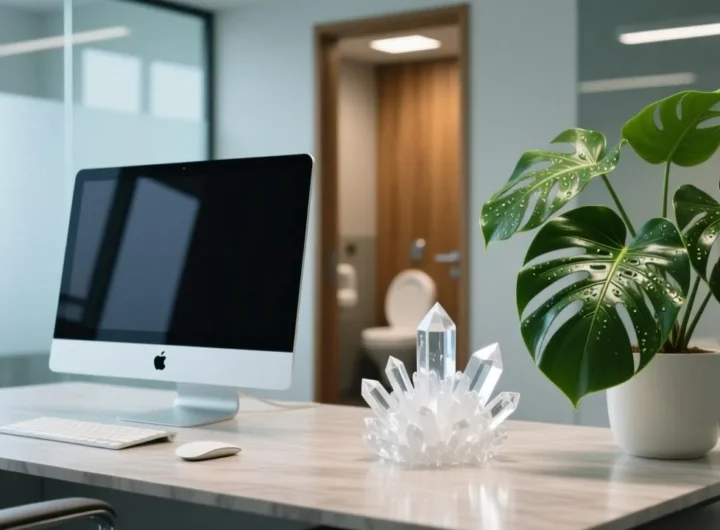 职场工位正对厕所化解布局：利用水晶与阔叶植物构建能量屏障实景图
