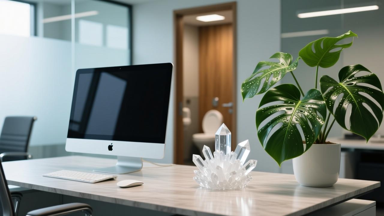 职场工位正对厕所化解布局：利用水晶与阔叶植物构建能量屏障实景图
