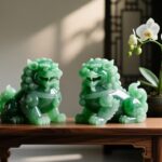 正确摆放貔貅的招财风水布局图，展示摆放在木质台面上的翡翠貔貅瑞兽。