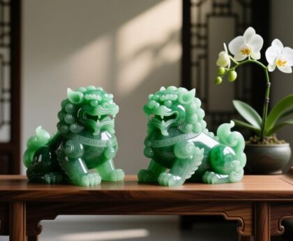 正确摆放貔貅的招财风水布局图，展示摆放在木质台面上的翡翠貔貅瑞兽。