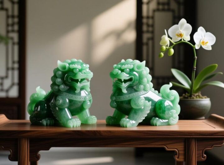 正确摆放貔貅的招财风水布局图，展示摆放在木质台面上的翡翠貔貅瑞兽。