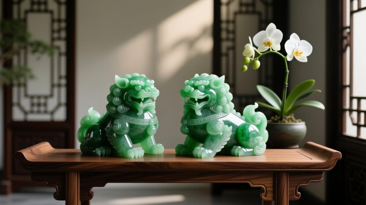 正确摆放貔貅的招财风水布局图，展示摆放在木质台面上的翡翠貔貅瑞兽。