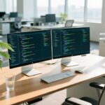 Web Developer 职场位理学工位布局，展示青龙位绿植与开阔桌面。