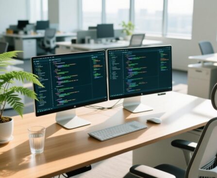 Web Developer 职场位理学工位布局，展示青龙位绿植与开阔桌面。