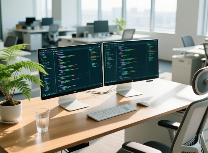 Web Developer 职场位理学工位布局，展示青龙位绿植与开阔桌面。