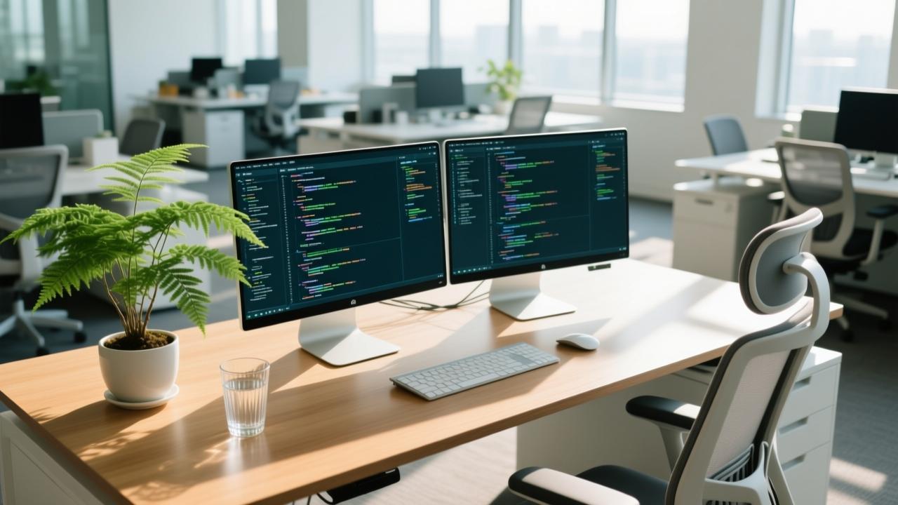 Web Developer 职场位理学工位布局，展示青龙位绿植与开阔桌面。