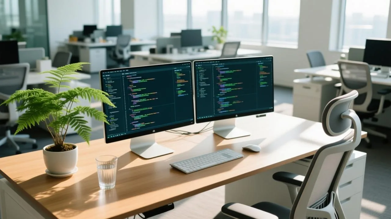 Web Developer 职场位理学工位布局，展示青龙位绿植与开阔桌面。