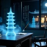 书房文昌位布局的能量场隐喻：发光的文昌塔与超现实办公空间