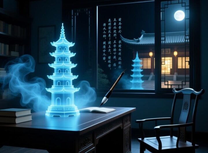 书房文昌位布局的能量场隐喻：发光的文昌塔与超现实办公空间