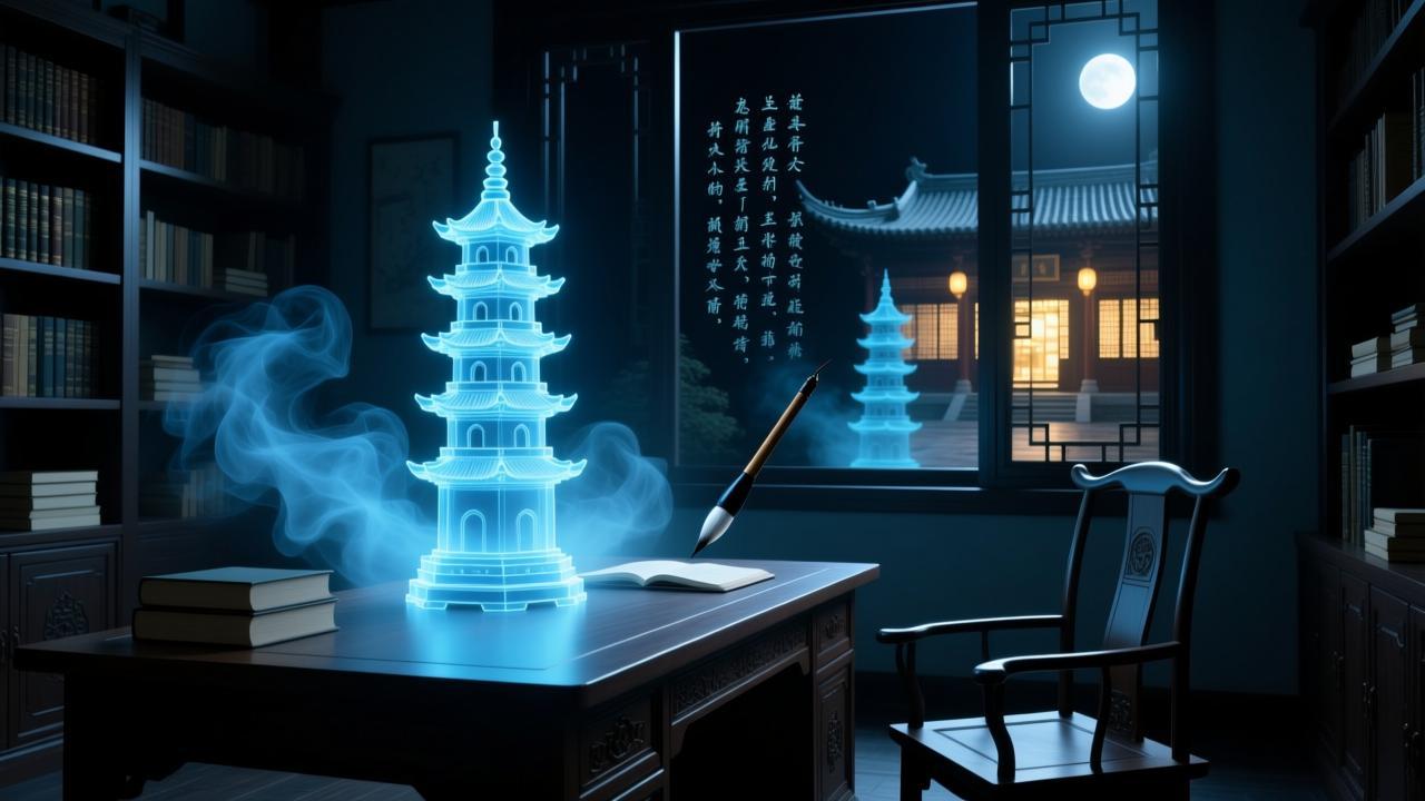 书房文昌位布局的能量场隐喻：发光的文昌塔与超现实办公空间