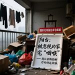 混乱的阳台堆满杂物和纸箱，白色展板警示“阳台是被忽视的家宅咽喉”，隐喻财运被掐断。