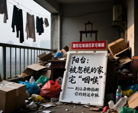 混乱的阳台堆满杂物和纸箱，白色展板警示“阳台是被忽视的家宅咽喉”，隐喻财运被掐断。