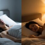 卧室冷暖色温对比图，展示2700K暖黄光对深度睡眠的改善效果。