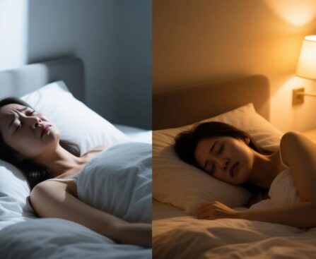 卧室冷暖色温对比图，展示2700K暖黄光对深度睡眠的改善效果。