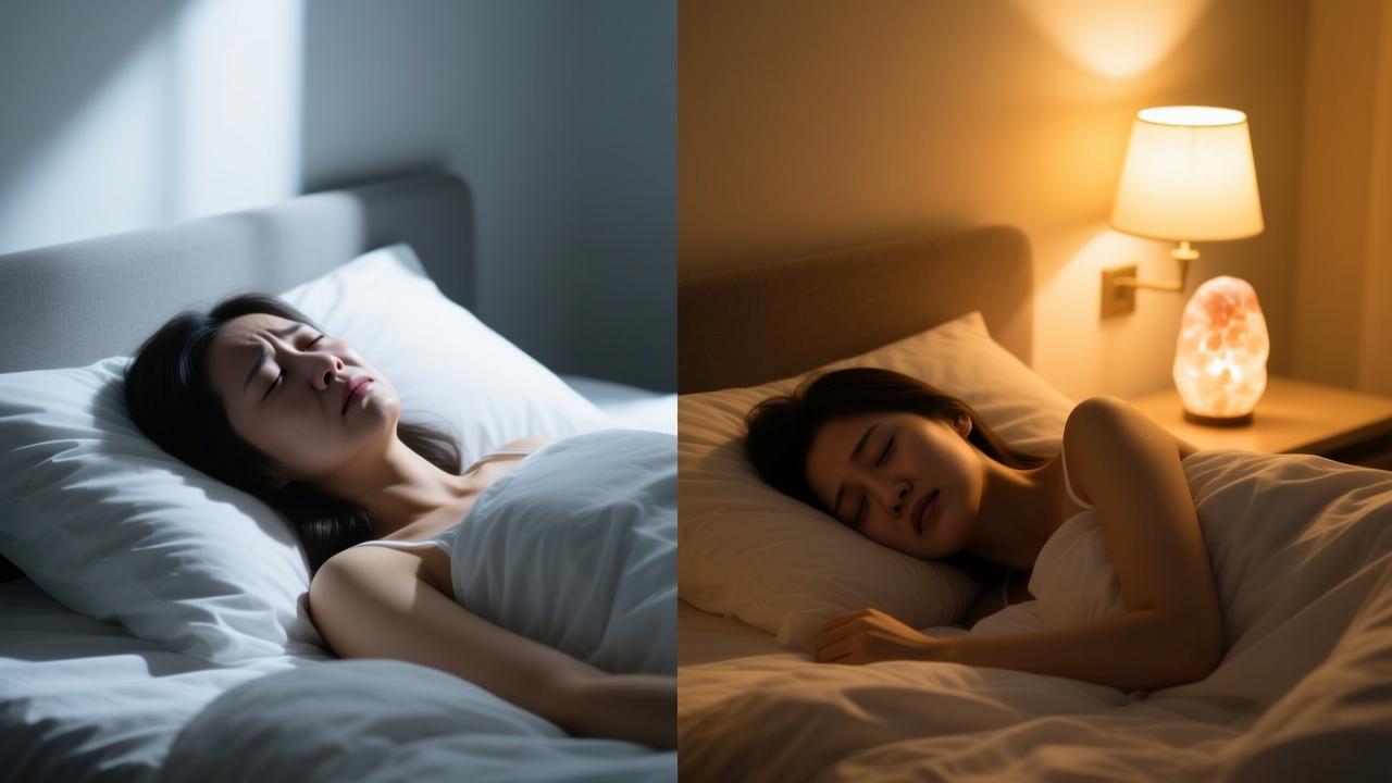 卧室冷暖色温对比图，展示2700K暖黄光对深度睡眠的改善效果。