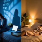 卧室与办公室边界模糊导致的失眠焦虑与深度睡眠对比图