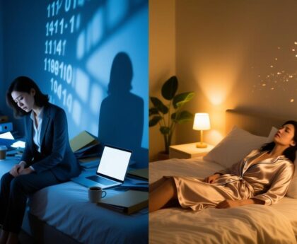 卧室与办公室边界模糊导致的失眠焦虑与深度睡眠对比图