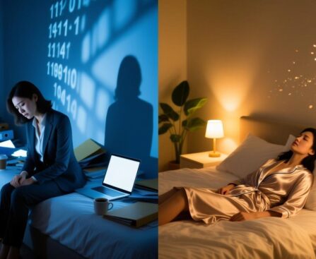 卧室与办公室边界模糊导致的失眠焦虑与深度睡眠对比图