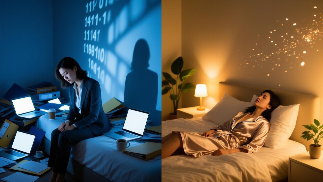 卧室与办公室边界模糊导致的失眠焦虑与深度睡眠对比图