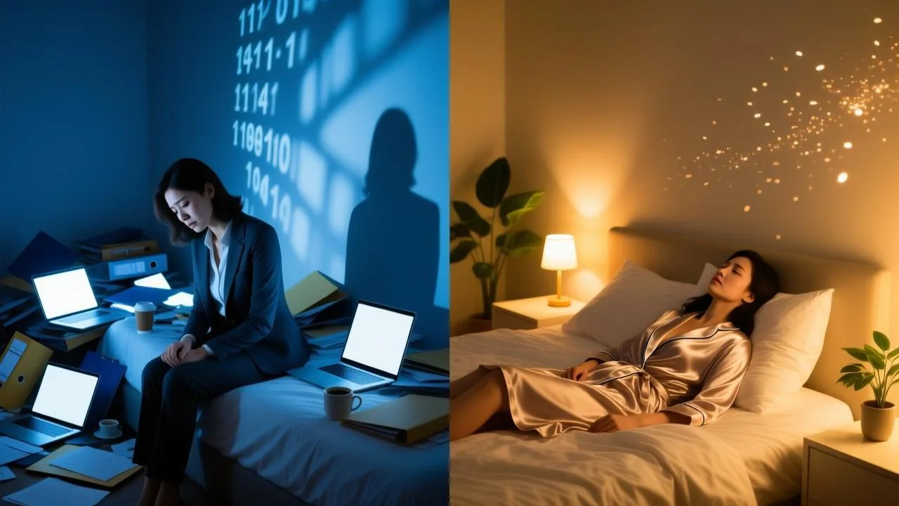 卧室与办公室边界模糊导致的失眠焦虑与深度睡眠对比图