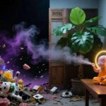 廉价塑料装饰堆积的负能量空间与极简暖光财富阵法的视觉对比，吉祥物正在净化磁场。