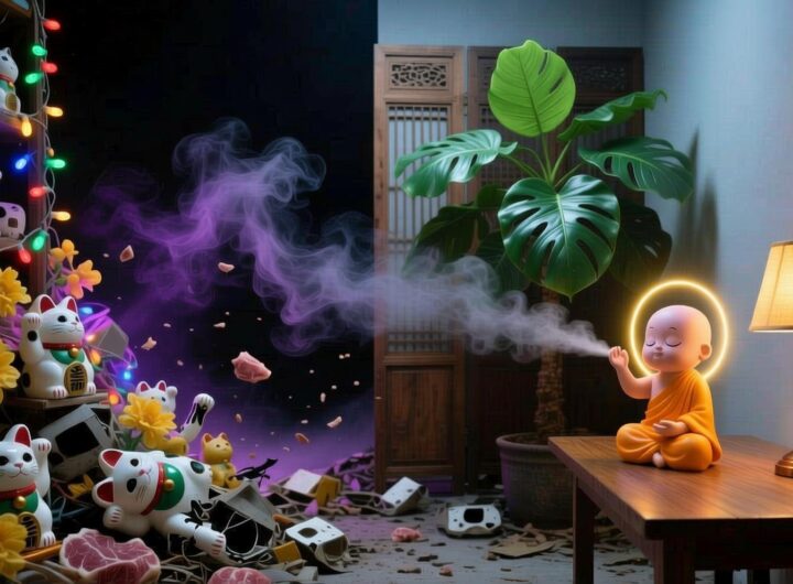 廉价塑料装饰堆积的负能量空间与极简暖光财富阵法的视觉对比，吉祥物正在净化磁场。