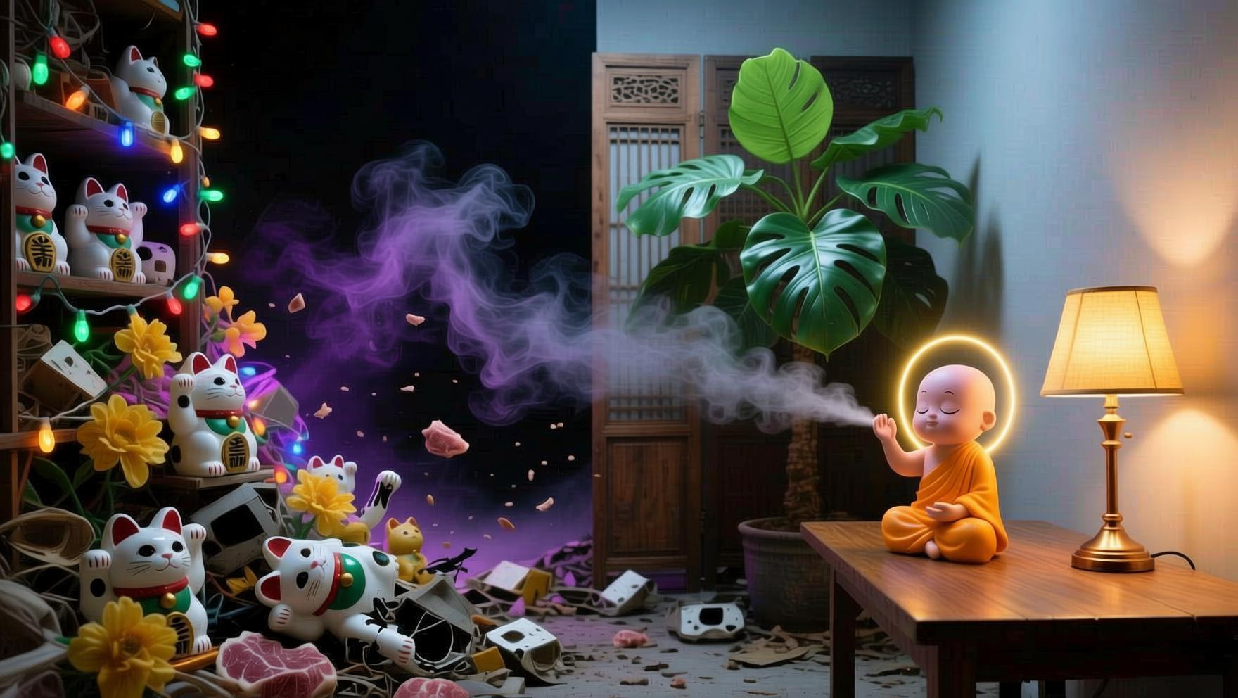 廉价塑料装饰堆积的负能量空间与极简暖光财富阵法的视觉对比，吉祥物正在净化磁场。