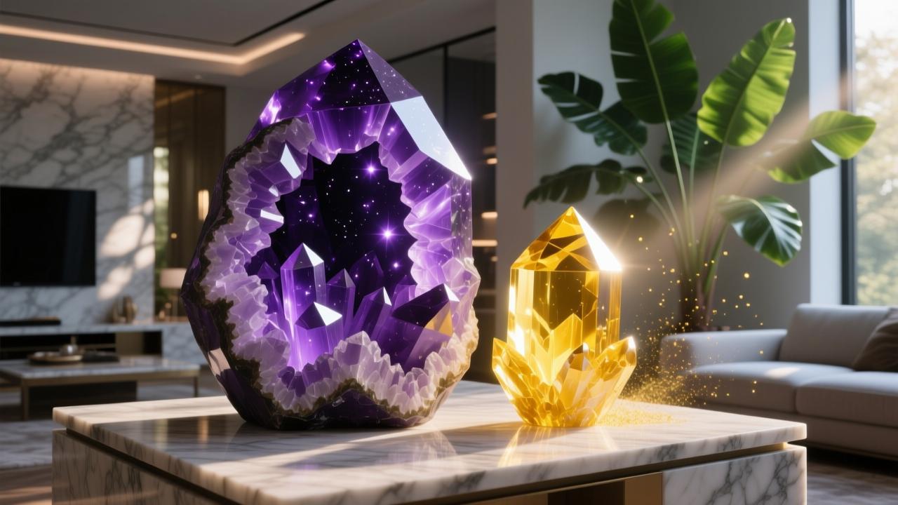 紫水晶洞与黄水晶洞在客厅摆放的能量布局图解