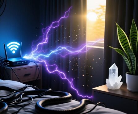 卧室数字磁场煞气视觉图：Wi-Fi路由器电磁干扰与白水晶净化能量的对抗