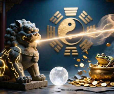 风水摆件觉醒仪式：吉祥物正利用水晶能量场激活暗淡的貔貅，使其建立财富磁场连接。