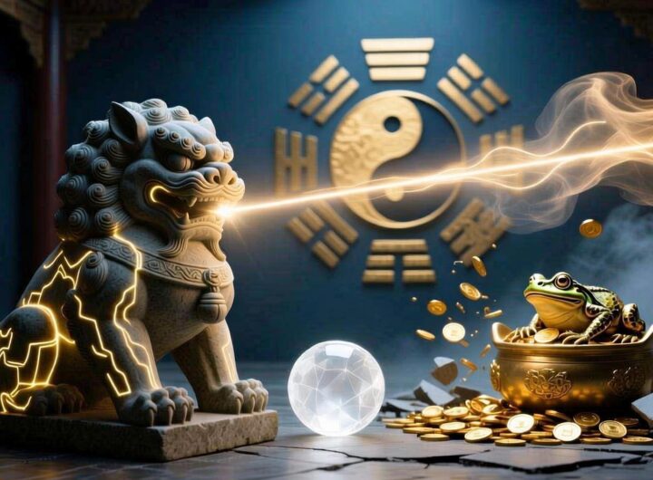 风水摆件觉醒仪式：吉祥物正利用水晶能量场激活暗淡的貔貅，使其建立财富磁场连接。