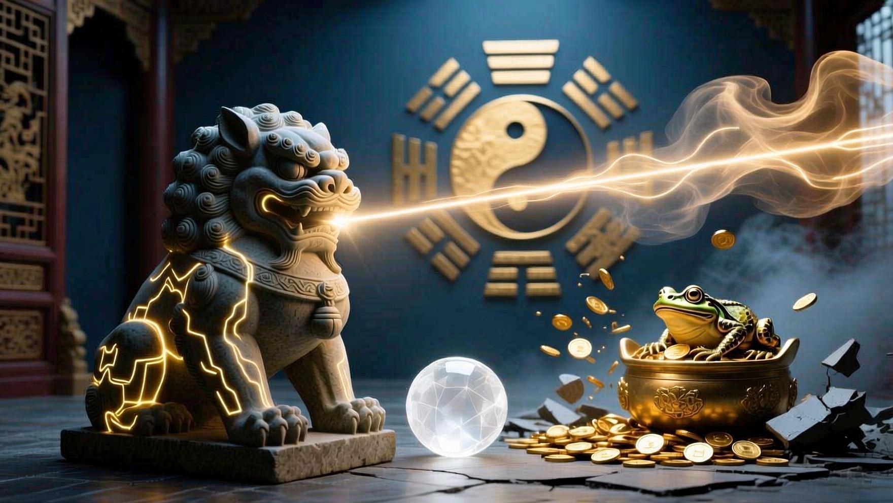 风水摆件觉醒仪式：吉祥物正利用水晶能量场激活暗淡的貔貅，使其建立财富磁场连接。